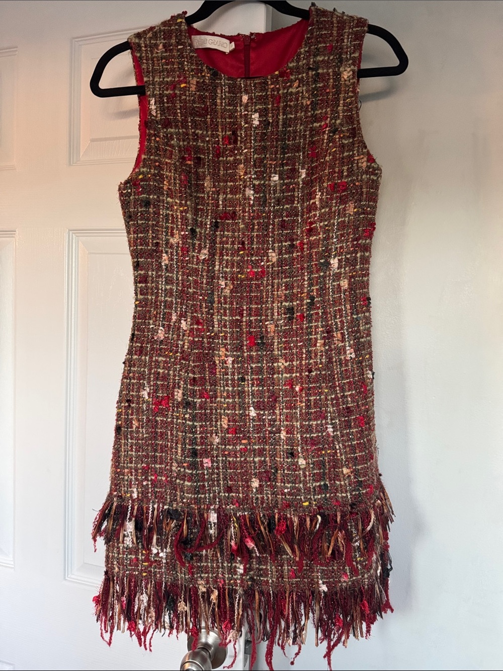 Red Tweed Fringe Mini Dress -
